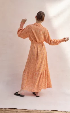 Long Sleeve Maxi Shirt Dress In Orange Print -UK Skirt Sales 2023 ALINA DRESS ORANGE PRINT 10
