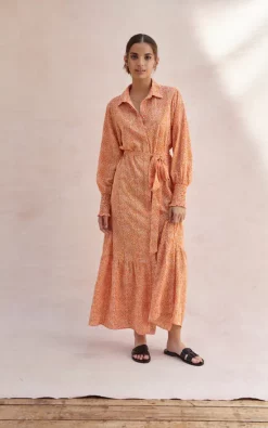 Long Sleeve Maxi Shirt Dress In Orange Print -UK Skirt Sales 2023 ALINA DRESS ORANGE PRINT 2
