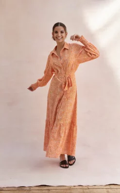 Long Sleeve Maxi Shirt Dress In Orange Print -UK Skirt Sales 2023 ALINA DRESS ORANGE PRINT 6
