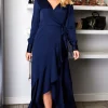 Long Sleeve Asymmetrical Maxi Wrap Dress In Navy -UK Skirt Sales 2023 ANGEL EYE 25