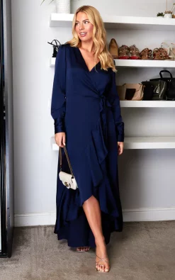 Long Sleeve Asymmetrical Maxi Wrap Dress In Navy -UK Skirt Sales 2023 ANGEL EYE 26
