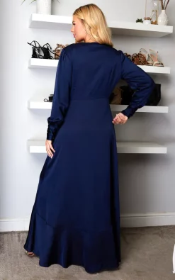 Long Sleeve Asymmetrical Maxi Wrap Dress In Navy -UK Skirt Sales 2023 ANGEL EYE 45