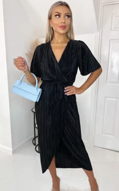 AX Paris Black Wrap Top Belted Short Sleeve Plisse Midi Dress