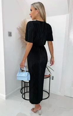 AX Paris Black Wrap Top Belted Short Sleeve Plisse Midi Dress -UK Skirt Sales 2023 AXF009BLACK3