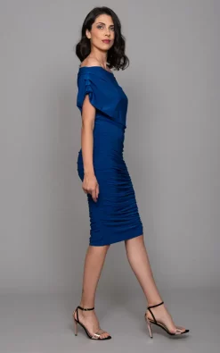 Oxygen Dress – Off Shoulder Ruched Bodycon – Cobalt -UK Skirt Sales 2023 Atom Label Oxygen 001 NA 16 Walk A
