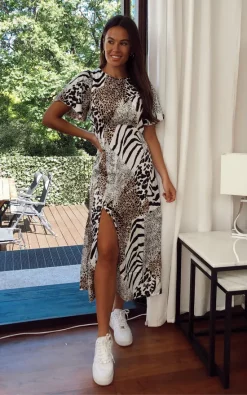 Britney Angel Sleeve Split Leg Midi Dress White Animal Print