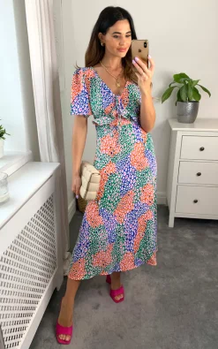 Multicoloured V Neck Maxi Dress With Frill Detail In Leopard Print