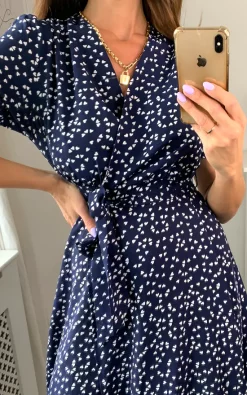 Navy Heart Print Smock Wrap Midi Dress -UK Skirt Sales 2023 D.anna Naomi 23.05.225