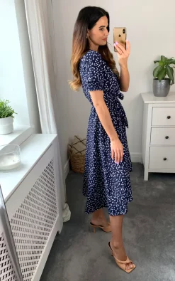 Navy Heart Print Smock Wrap Midi Dress -UK Skirt Sales 2023 D.anna Naomi 23.05.227