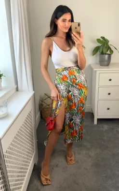 Animal Floral Mixed Print Wrap Midi Skirt