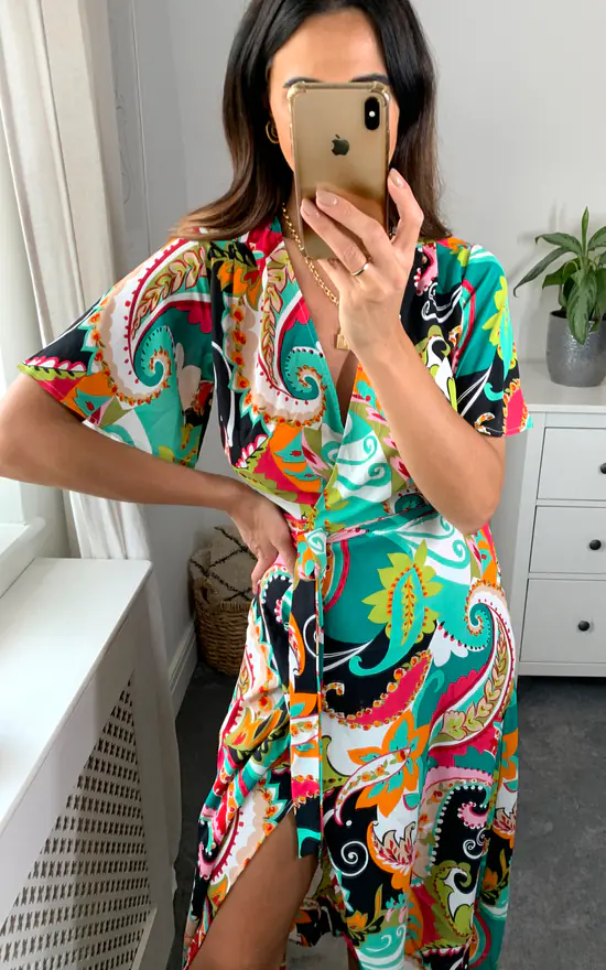 Multicolour Paisley Floral Wrap Dress With Belt Fastening 5 Multicolour Paisley Floral Wrap Dress With Belt Fastening - Image 3