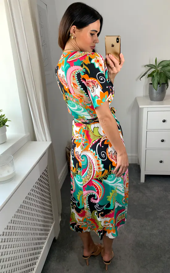 Multicolour Paisley Floral Wrap Dress With Belt Fastening 6 Multicolour Paisley Floral Wrap Dress With Belt Fastening - Image 4