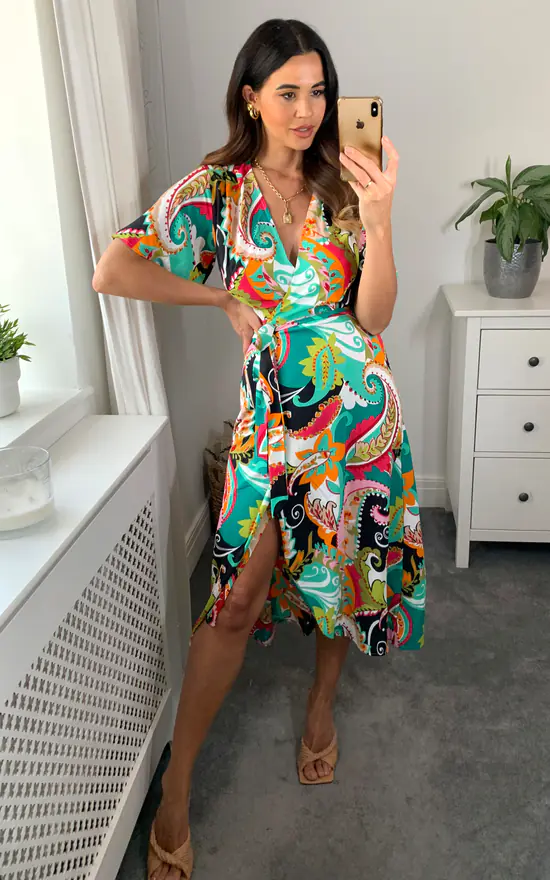 Multicolour Paisley Floral Wrap Dress With Belt Fastening 4 Multicolour Paisley Floral Wrap Dress With Belt Fastening - Image 2