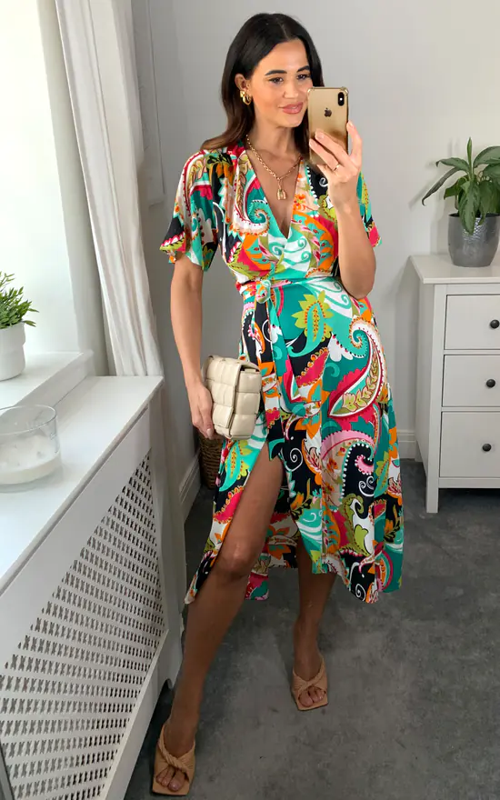 Multicolour Paisley Floral Wrap Dress With Belt Fastening 3 Multicolour Paisley Floral Wrap Dress With Belt Fastening