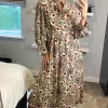 Multicolour Floral Long Sleeves Midi Dress With Fill Detail And Covered Buttons