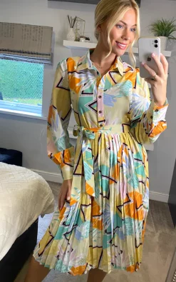 Multicolour Floral & Abstract Print Shirt Dress With Pleat Details