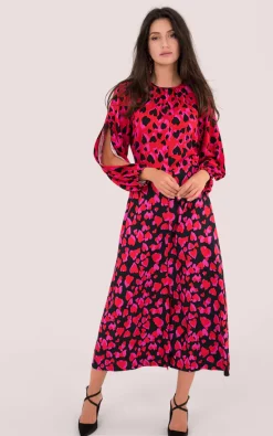 Puff Sleeve Midaxi Dress In Red Heart Print