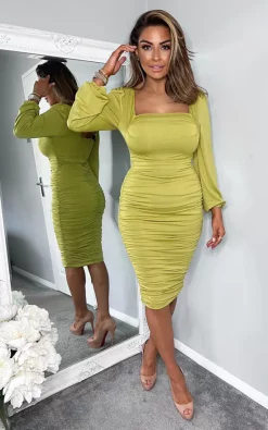 AX Paris Lime Square Neck Ruched Long Sleeve Midi Dress