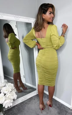 AX Paris Lime Square Neck Ruched Long Sleeve Midi Dress -UK Skirt Sales 2023 DA1154LIME 3