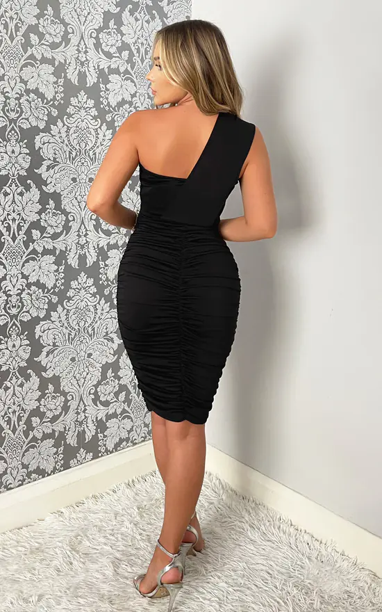 AX Paris Black One Shoulder Ruched Bodycon Midi Dress 4 AX Paris Black One Shoulder Ruched Bodycon Midi Dress - Image 2