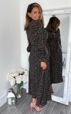 AX Paris Black Heart Printed Tie Waist Midi Shirt Dress -UK Skirt Sales 2023 DA1305BLACK 3