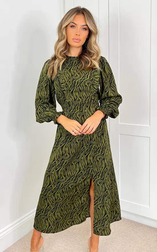 AX Paris Khaki Animal Print Long Sleeve Ruffle Front Midi Dress 3 AX Paris Khaki Animal Print Long Sleeve Ruffle Front Midi Dress