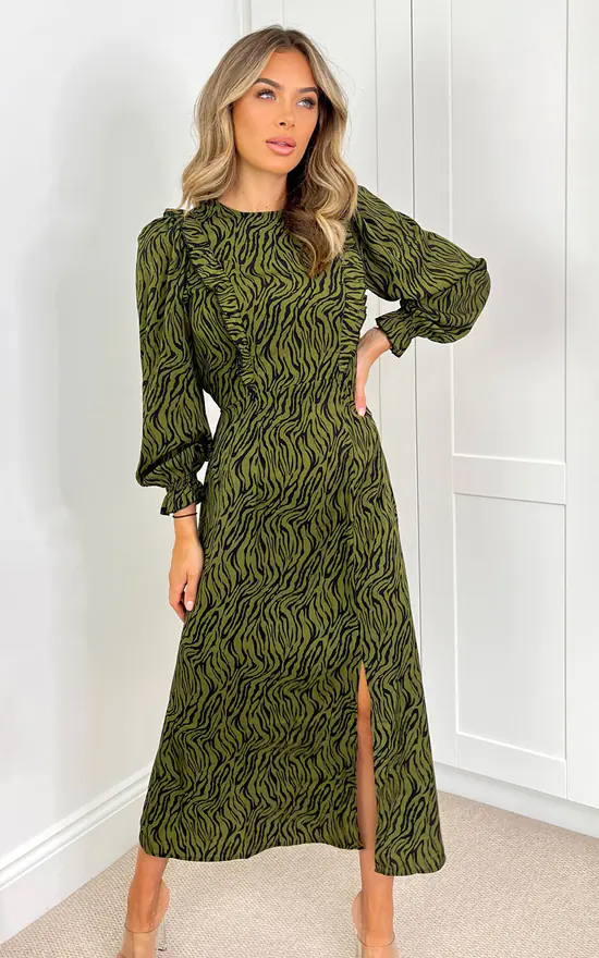 AX Paris Khaki Animal Print Long Sleeve Ruffle Front Midi Dress 4 AX Paris Khaki Animal Print Long Sleeve Ruffle Front Midi Dress - Image 2