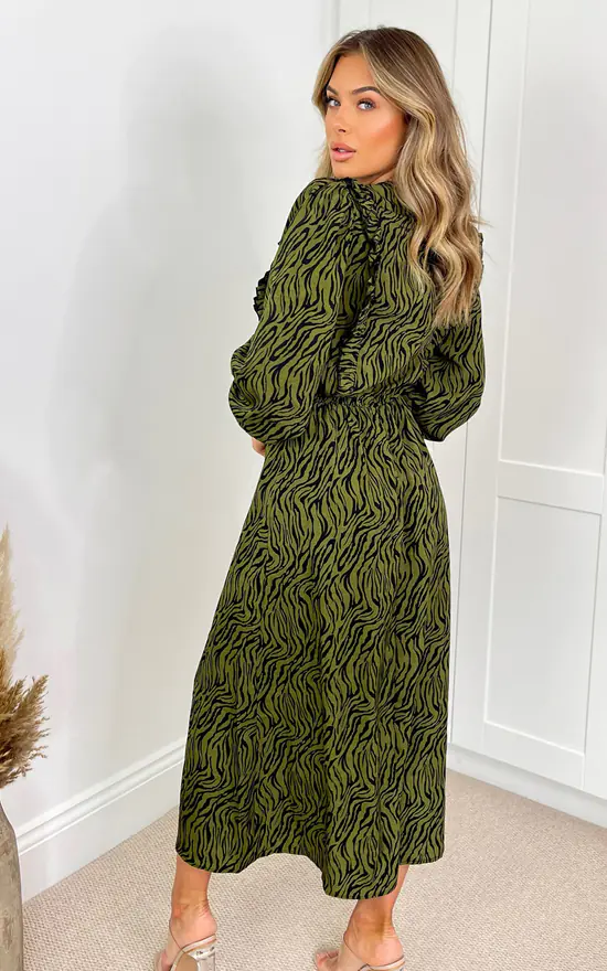 AX Paris Khaki Animal Print Long Sleeve Ruffle Front Midi Dress 5 AX Paris Khaki Animal Print Long Sleeve Ruffle Front Midi Dress - Image 3