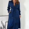 AX Paris Blue Animal Print Long Sleeve Belted Shirt Dress -UK Skirt Sales 2023 DA1347BLUE2