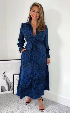 AX Paris Blue Animal Print Long Sleeve Belted Shirt Dress