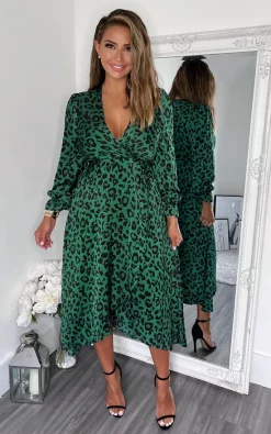 AX Paris Green And Black Animal Printed Wrap Over Midi Dress