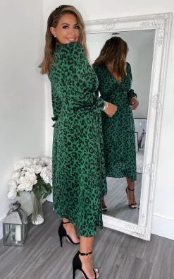 AX Paris Green And Black Animal Printed Wrap Over Midi Dress -UK Skirt Sales 2023 DA1380GREEN3