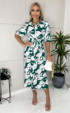 AX Paris Green And White Floral Printed 3/4 Sleeve Midi Shirt Dress