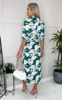 AX Paris Green And White Floral Printed 3/4 Sleeve Midi Shirt Dress -UK Skirt Sales 2023 DA1513GREEN 3