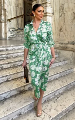 AX Paris Green Floral Wrap Shirt Midi Dress