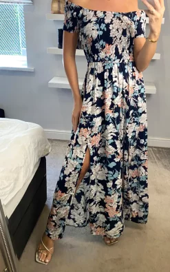 Navy Floral Bardot Shirred Maxi Dress -UK Skirt Sales 2023 Izabel Sasha 20.06.221 1