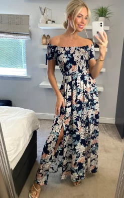 Navy Floral Bardot Shirred Maxi Dress -UK Skirt Sales 2023 Izabel Sasha 20.06.222 1