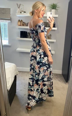 Navy Floral Bardot Shirred Maxi Dress -UK Skirt Sales 2023 Izabel Sasha 20.06.224 1
