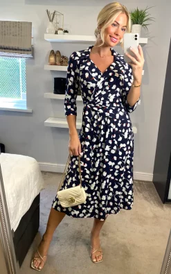 Jolie Moi Sylvie Wrap Collar Dress, Navy Floral