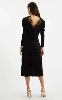 Louche Krystel Zebra Devore Feather Trim Midi Dress Black -UK Skirt Sales 2023 KRYSTEL ZEBRA DEVORE BLACK XMAS 22 2