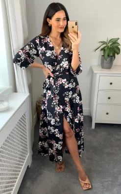 Midi Wrap Dress In Black Floral Print