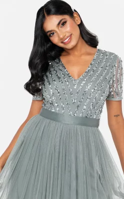 Misty Green Stripe Embellished Maxi Dress With Sash Belt -UK Skirt Sales 2023 MAYA ICONS JUN22 162