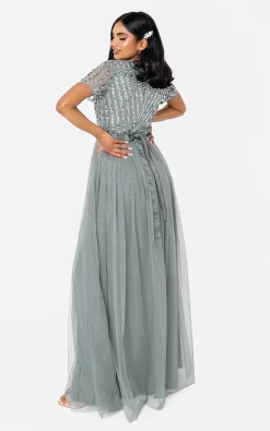 Misty Green Stripe Embellished Maxi Dress With Sash Belt -UK Skirt Sales 2023 MAYA ICONS JUN22 167