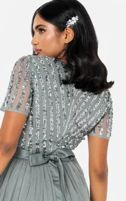 Misty Green Stripe Embellished Maxi Dress With Sash Belt -UK Skirt Sales 2023 MAYA ICONS JUN22 170