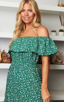 Ditsy Daisy Printed Dipped Hem Bardot Dress In Green -UK Skirt Sales 2023 MELA 129