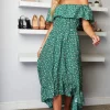 Ditsy Daisy Printed Dipped Hem Bardot Dress In Green -UK Skirt Sales 2023 MELA 133