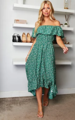 Ditsy Daisy Printed Dipped Hem Bardot Dress In Green