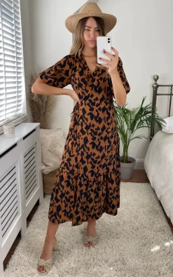 Leopard Print Short Sleeve Maxi Wrap Dress In Brown -UK Skirt Sales 2023 MF D 1002X LEOPARD 1 SF
