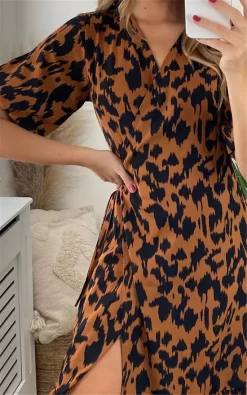 Leopard Print Short Sleeve Maxi Wrap Dress In Brown -UK Skirt Sales 2023 MF D 1002X LEOPARD 6 SF