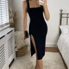 Sleeveless Split Thigh Bodycon Ribbed Dress In Black -UK Skirt Sales 2023 MF D 1037 BLK 3 SF